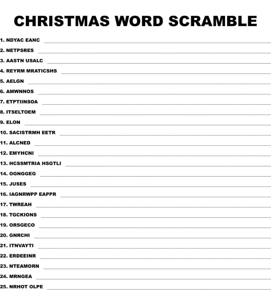 Printable Christmas Word Scramble - Worksheet 7