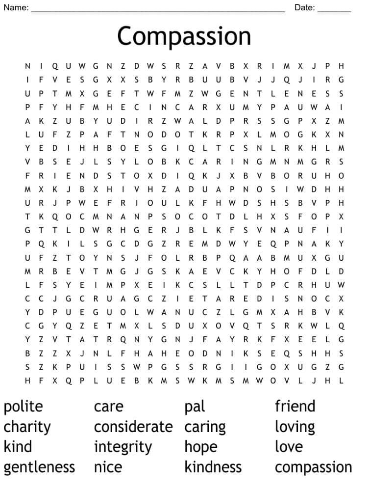 Printable Compassion Word Search – Worksheet 1