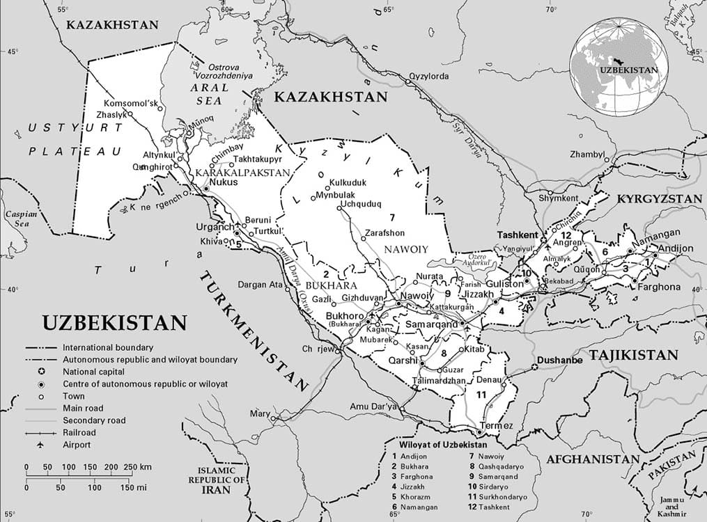 Printable Detailed Uzbekistan Map