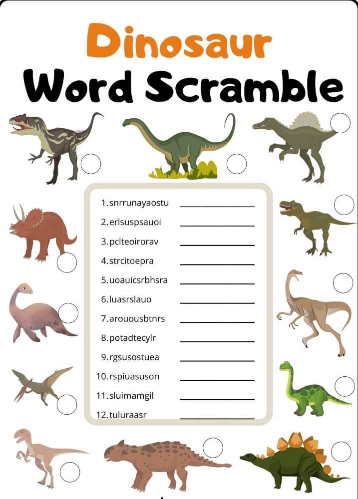 Printable Dinosaur Word Scramble – Worksheet 1