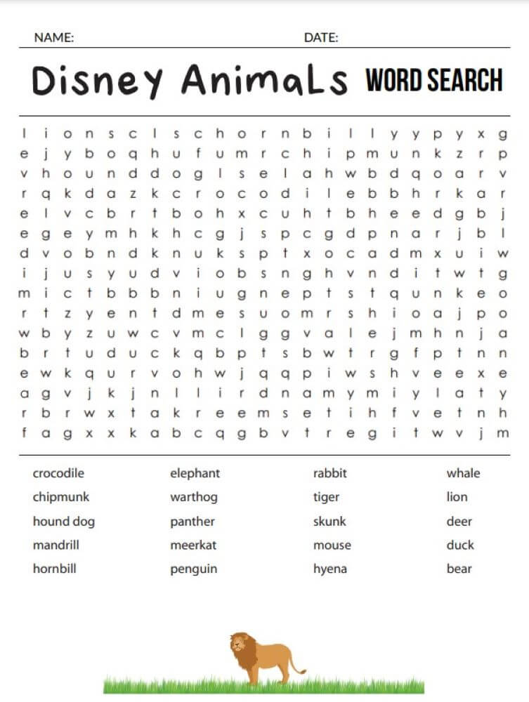 Printable Disney Animals Word Search - Sheet 1