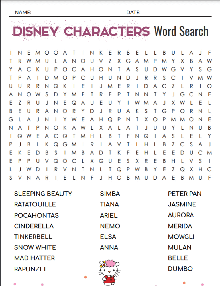 Printable Disney Characters Word Search - Sheet 1