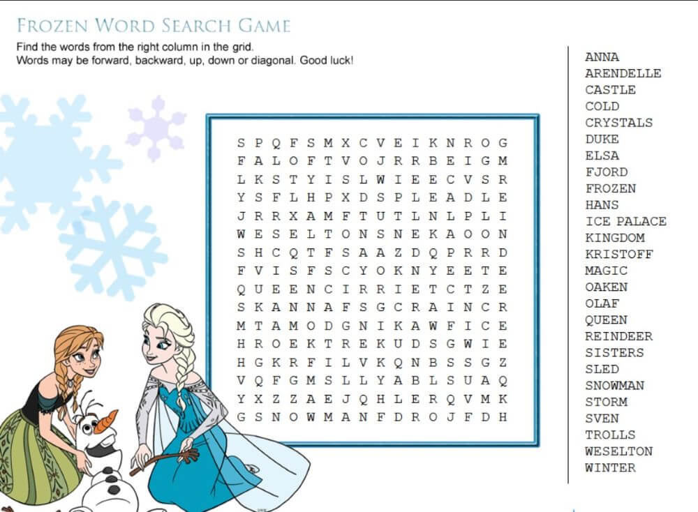 Printable Disney Frozen Word Search Game