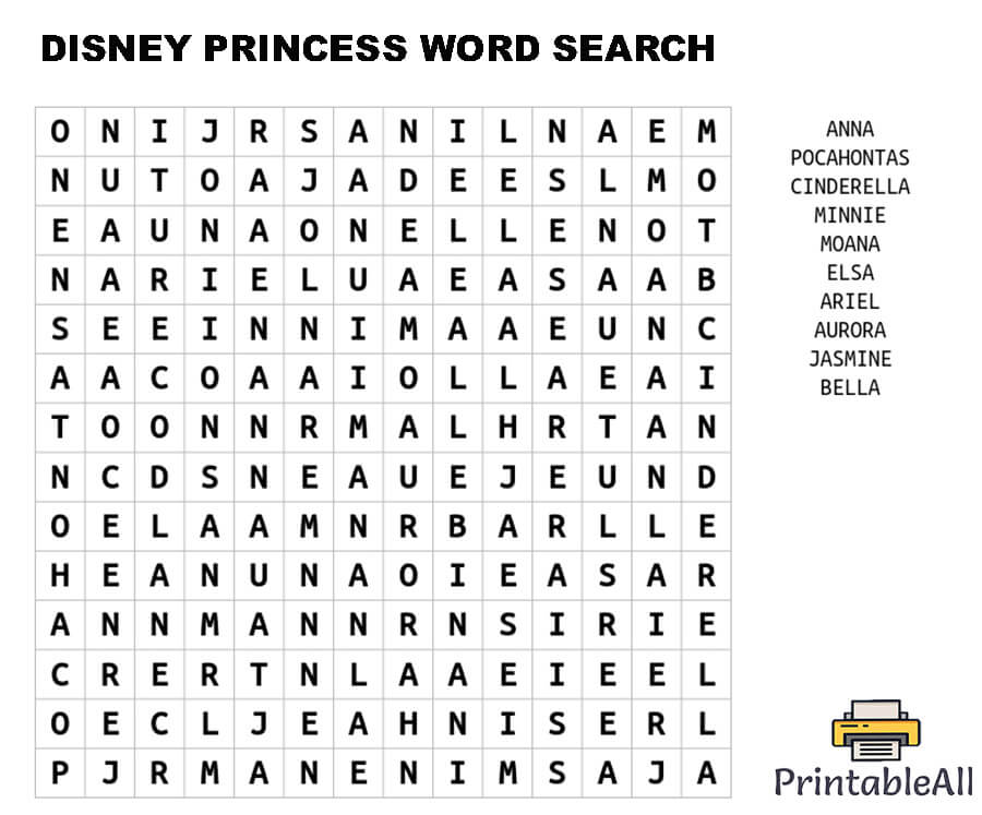 Printable Disney Princess Word Search – Sheet 3