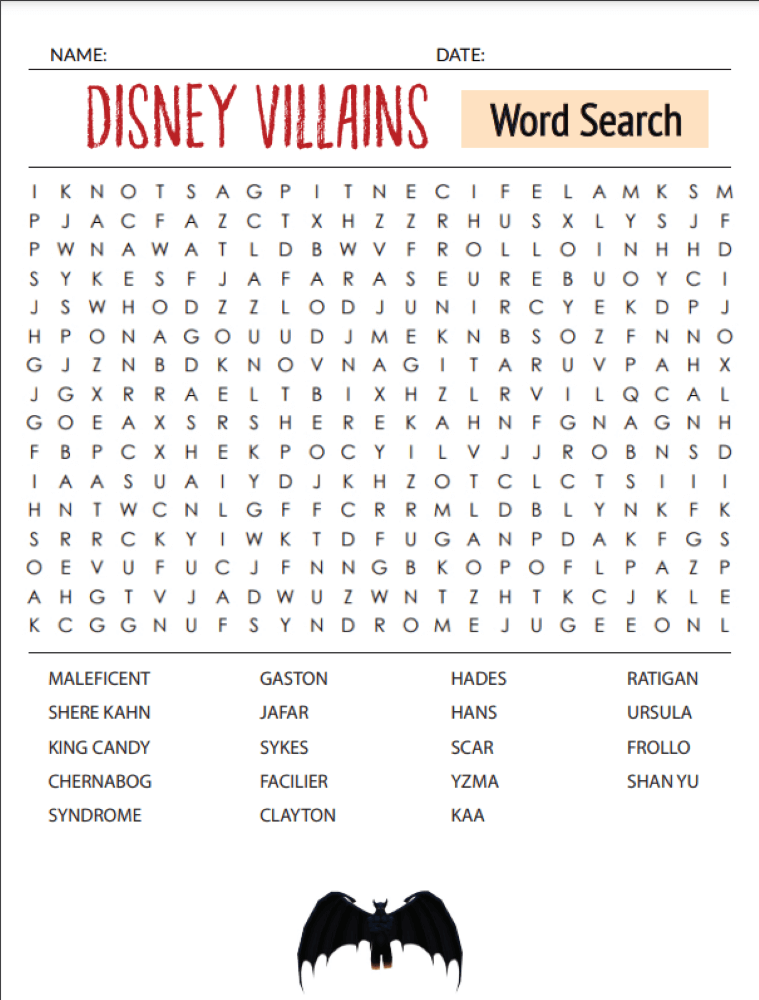 Printable Disney Villains Word Search - Sheet 1