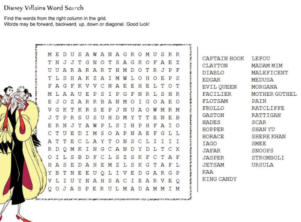 Printable Disney Villains Word Search - Sheet 2