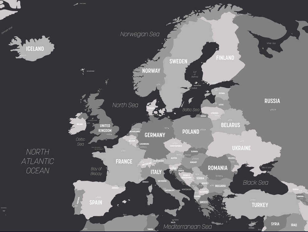 Printable Europe Map Grey Colored On Dark Background
