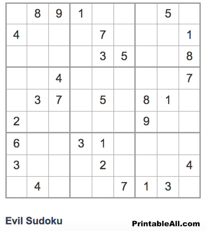 Printable Evil Sudoku 9×9 – Sheet 12