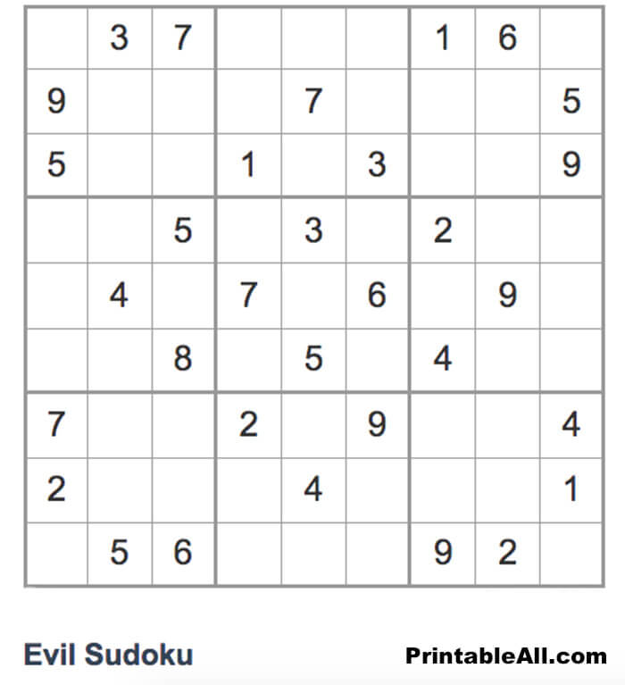 Printable Evil Sudoku 9×9 – Sheet 16