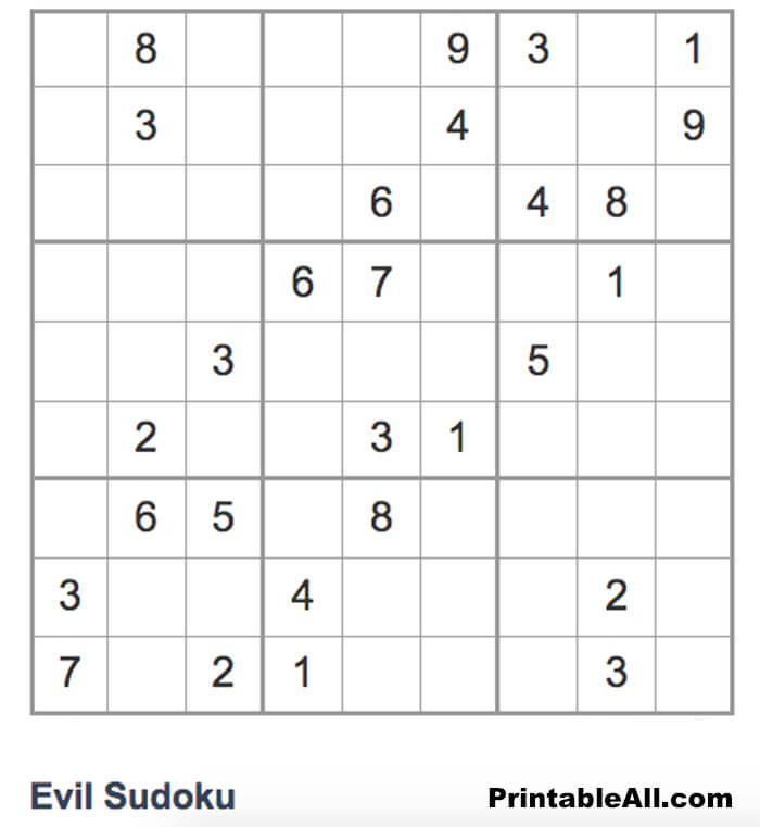 Printable Evil Sudoku 9x9 - Sheet 4