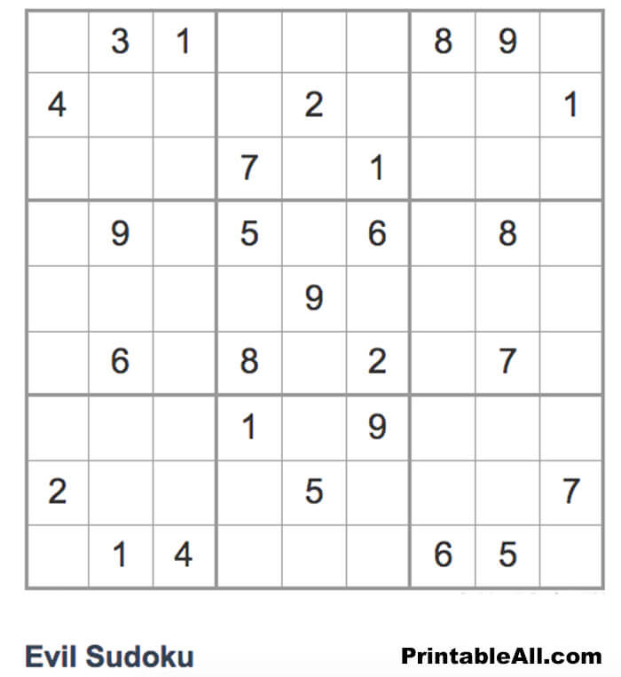 Printable Evil Sudoku 9×9 – Sheet 8
