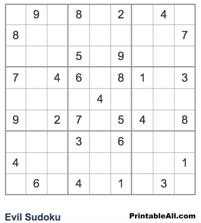 Printable Evil Sudoku 9×9 – Sheet 9