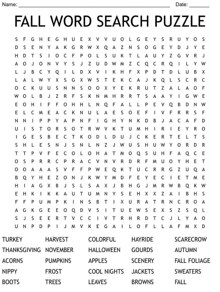 Printable Fall Word Search Puzzle