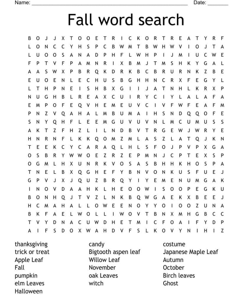 Printable Fall Word Search – Worksheet 16
