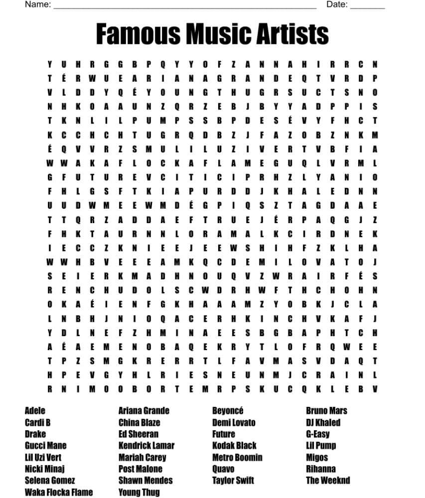 Printable Famous Music Artists Word Search – Sheet 1