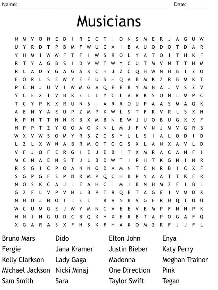 Printable Famous Musicians Word Search - Sheet 2