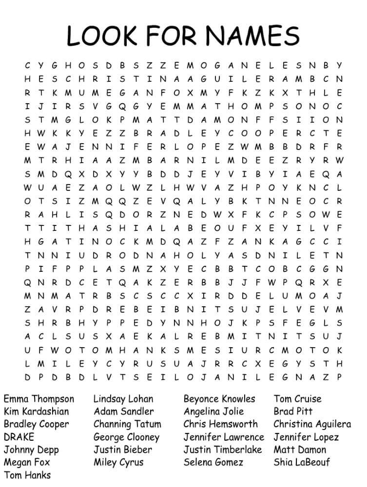 Printable Famous Names Word Search – Sheet 1