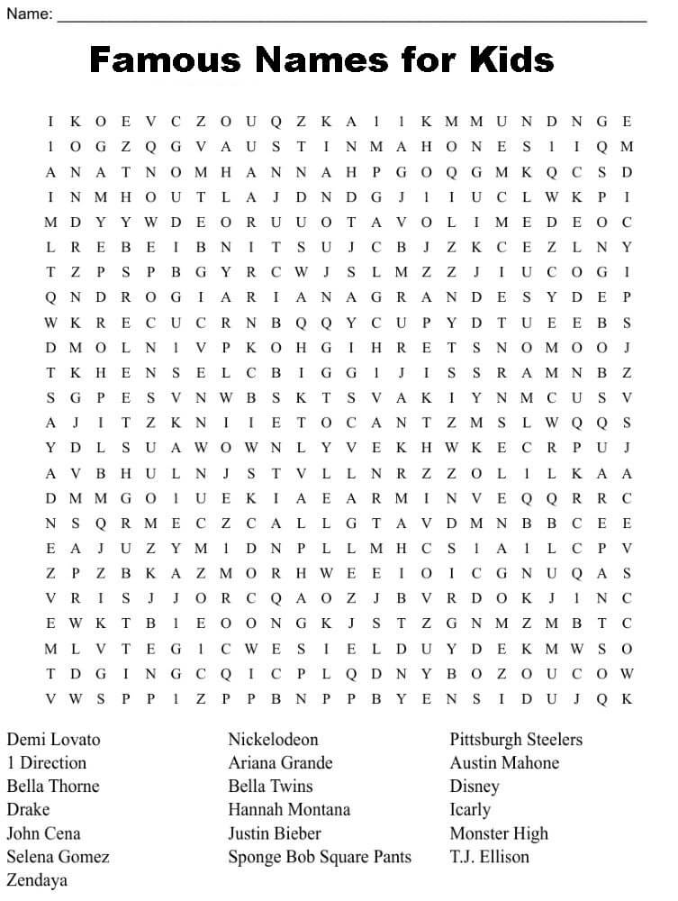 Printable Famous Names for Kids Word Search - Sheet 1