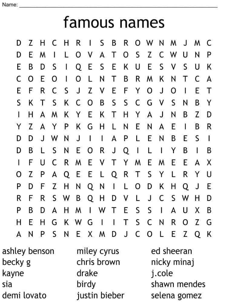 Printable Famous Singers Word Search - Sheet 1