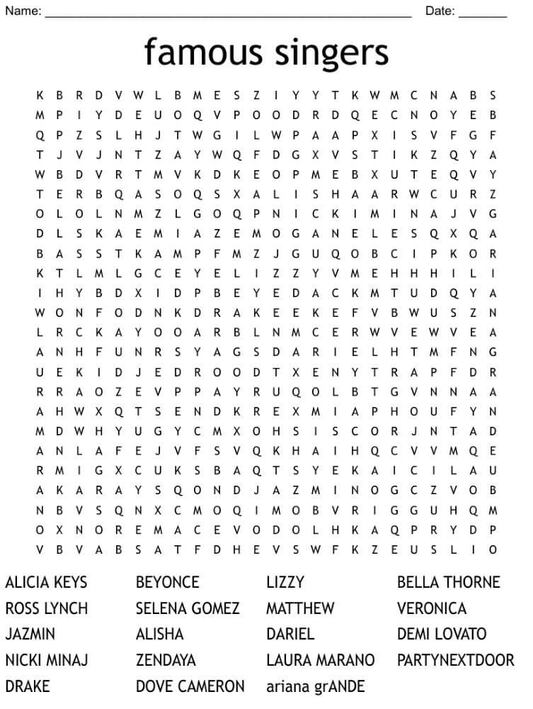 Printable Famous Singers Word Search – Sheet 2