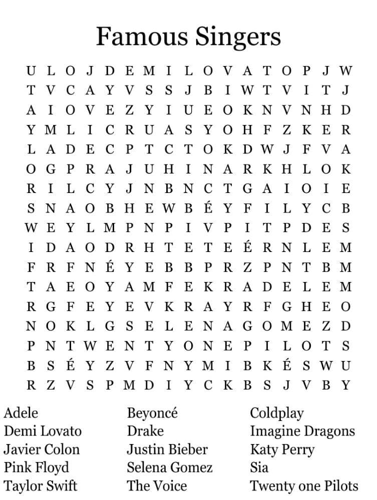 Printable Famous Singers Word Search - Sheet 3