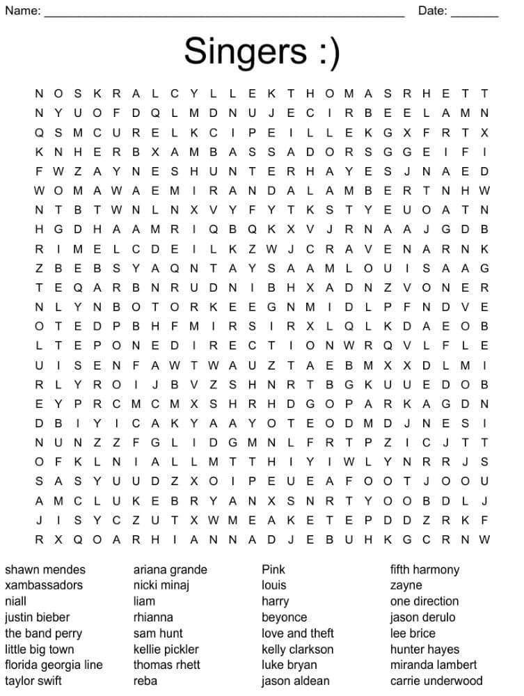 Printable Famous Singers Word Search - Sheet 4