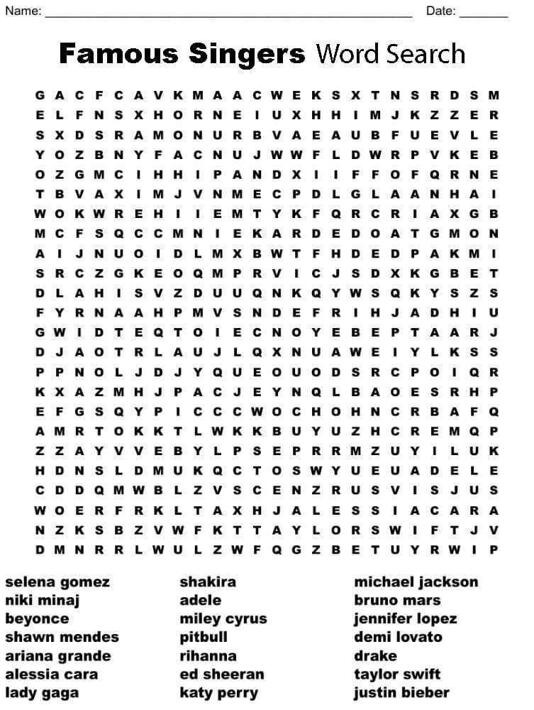 Printable Famous Singers Word Search - Sheet 6