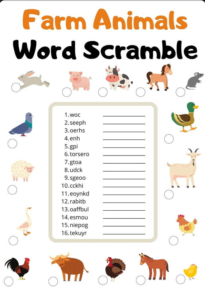 Printable Farm Animal Word Scramble - Worksheet 3