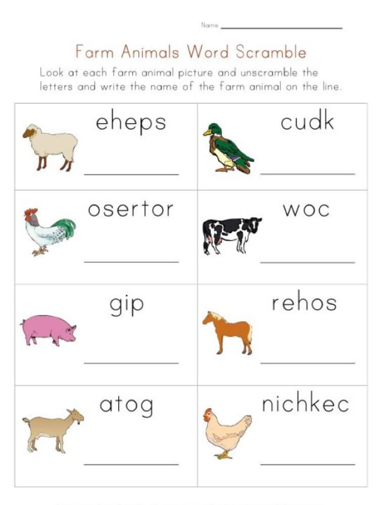 Printable Farm Animals Word Scramble - Worksheet 1