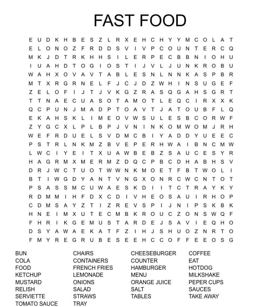 Printable Fast Food Word Search - Sheet 1