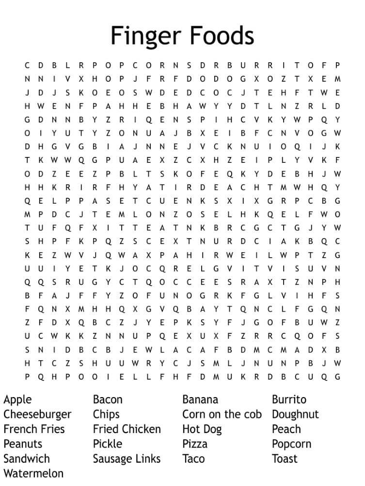 Printable Finger Food Word Search - Sheet 1