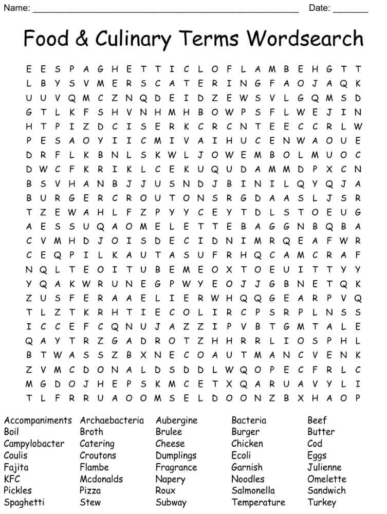 Printable Food & Culinary Word Search - Sheet 1
