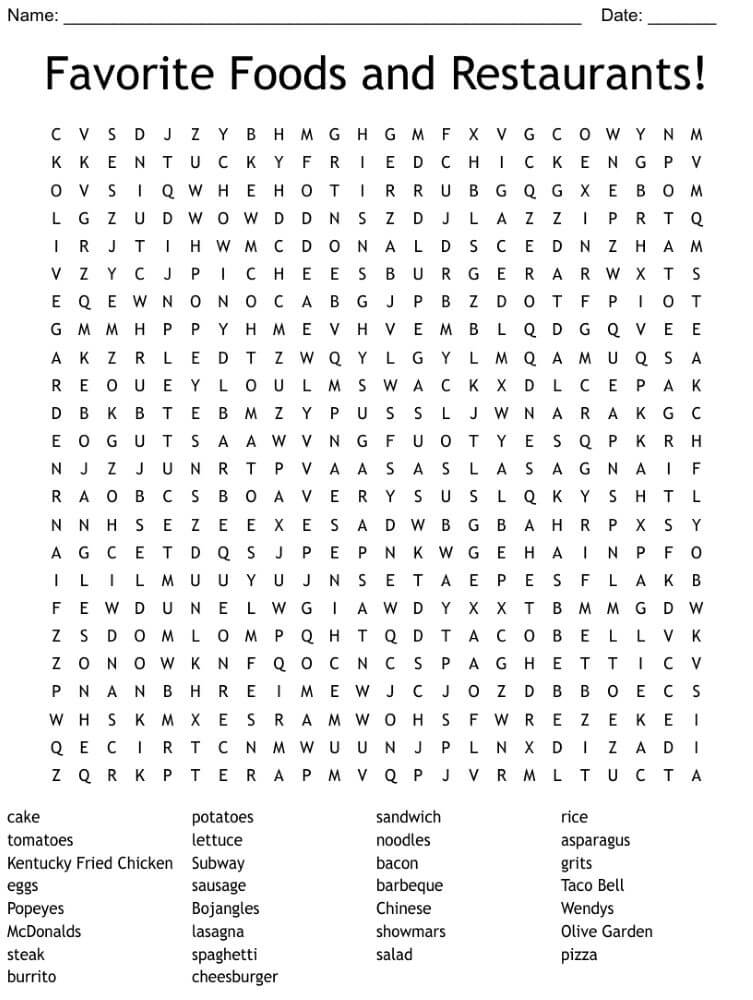 Printable Foods and Restaurant Word Search - Sheet 1