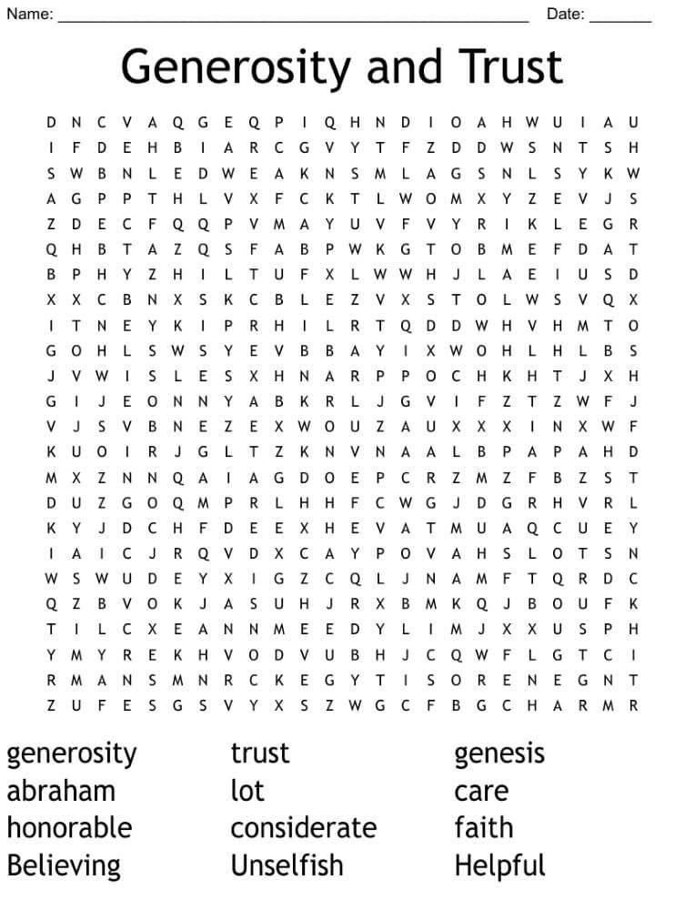 Printable Generosity and Trust Word Search