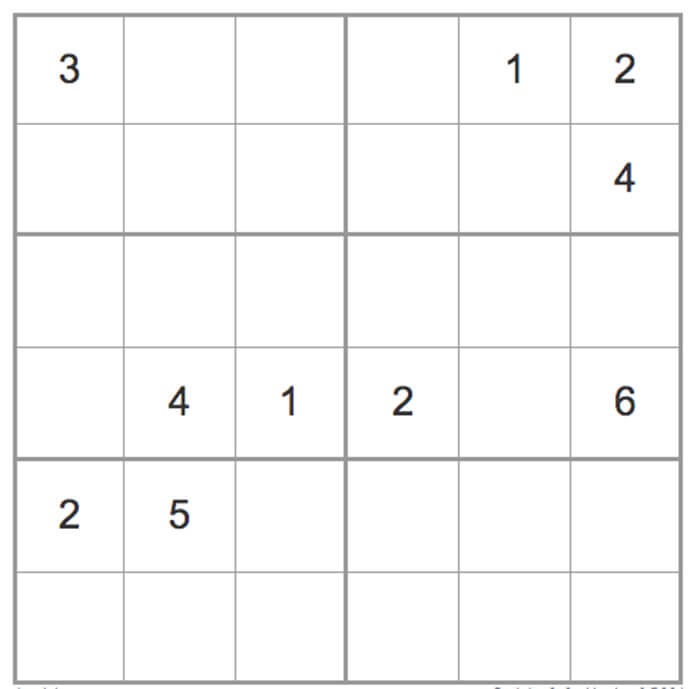 Printable Hard Sudoku 6x6 - Sheet 12