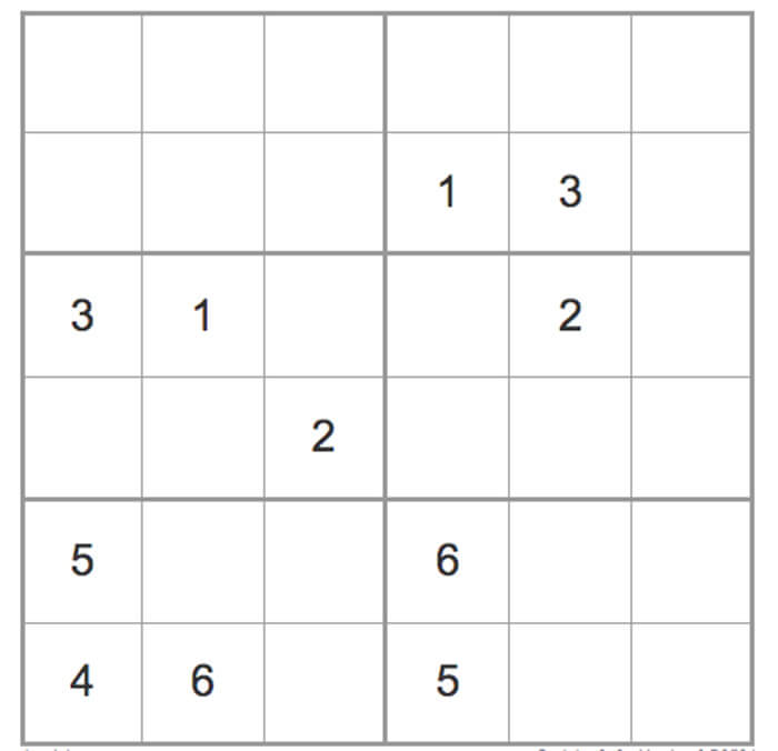 Printable Hard Sudoku 6×6 – Sheet 6