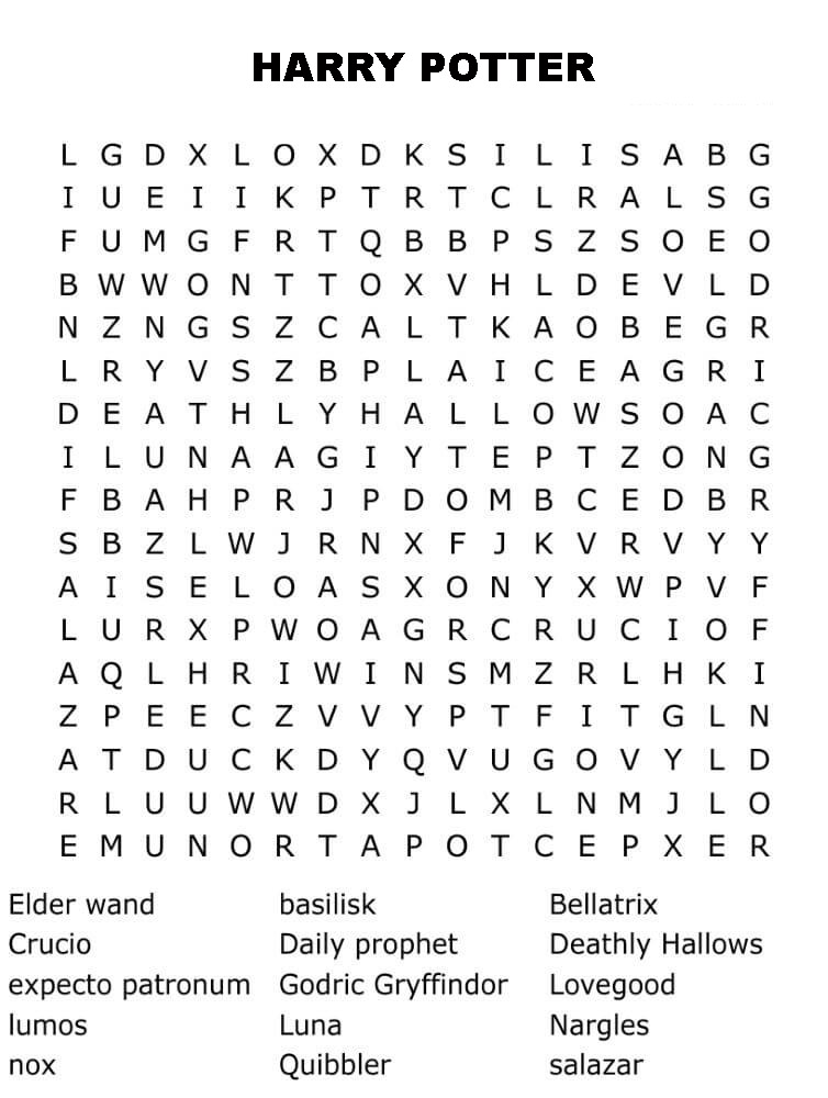 Printable Harry Potter Things Word Search
