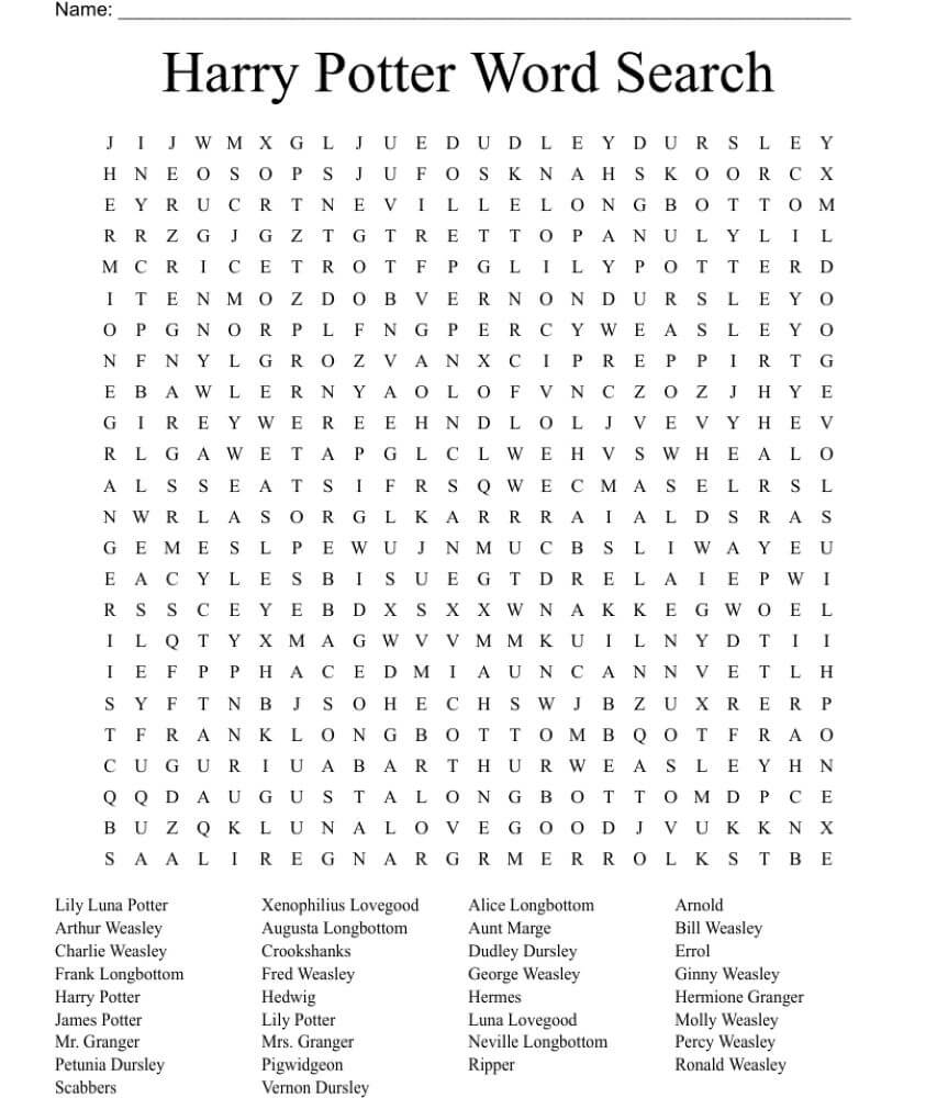 Printable Harry Potter Word Search for Kids