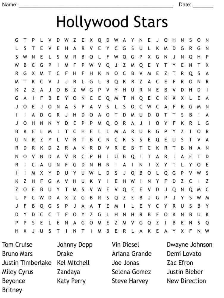 Printable Hollywood Stars Word Search - Sheet 1
