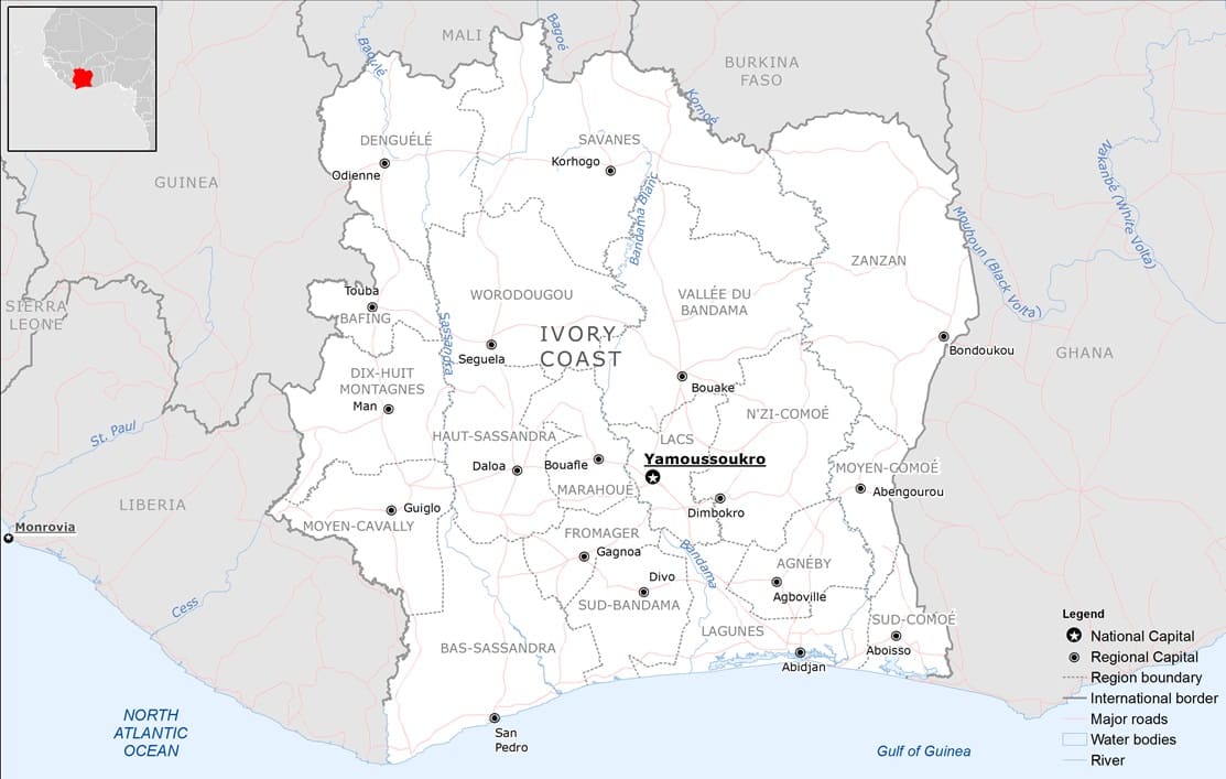 Printable Ivory Coast Map In The World