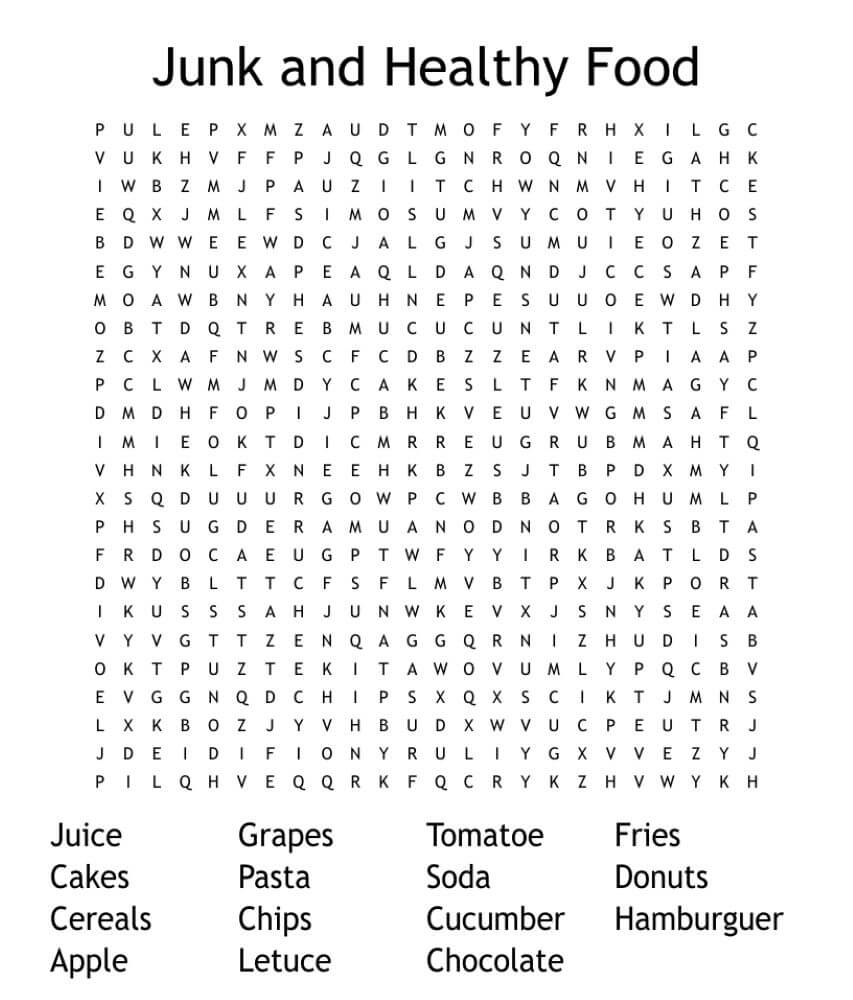 Printable Junk and Healthy Food Word Search - Sheet 1
