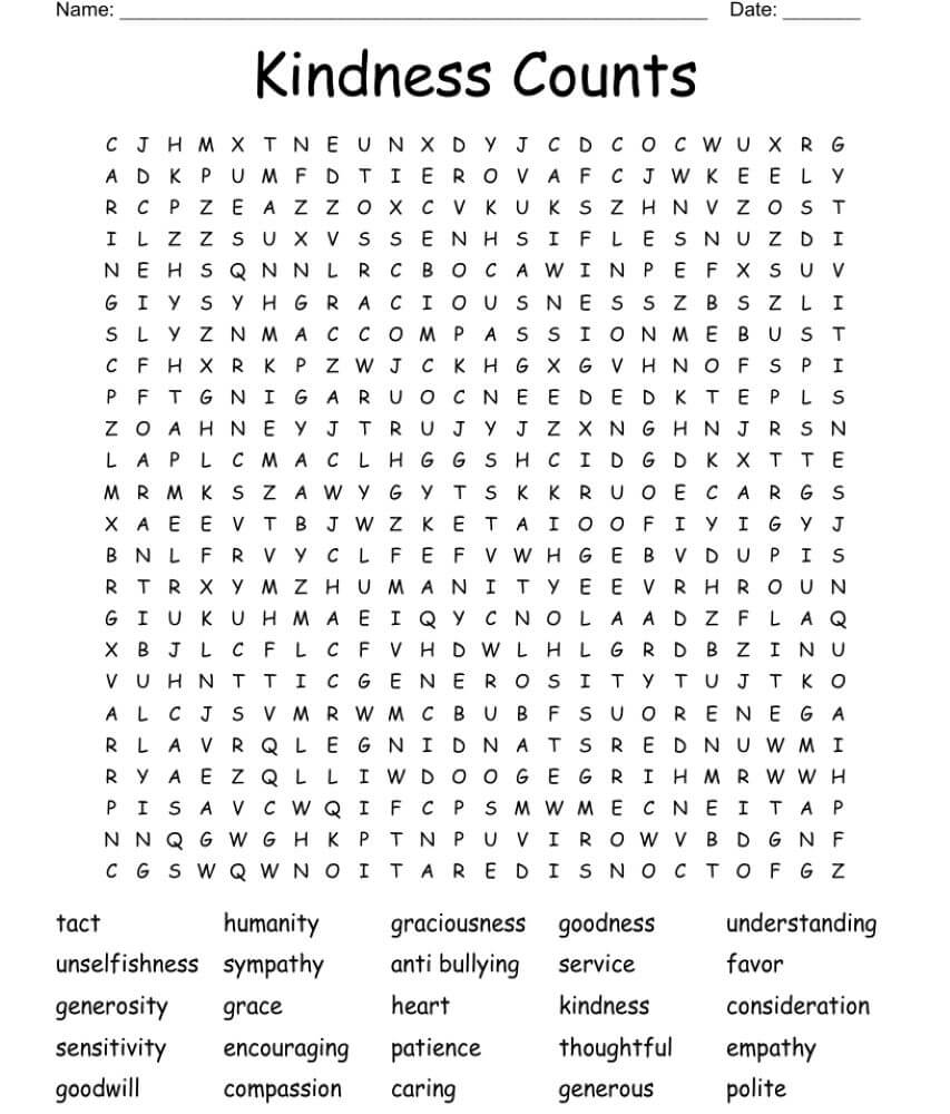 Printable Kindness Counts Word Search