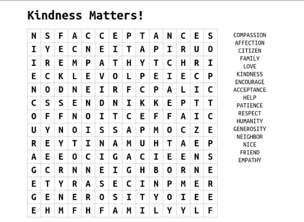Printable Kindness Matters Word Search