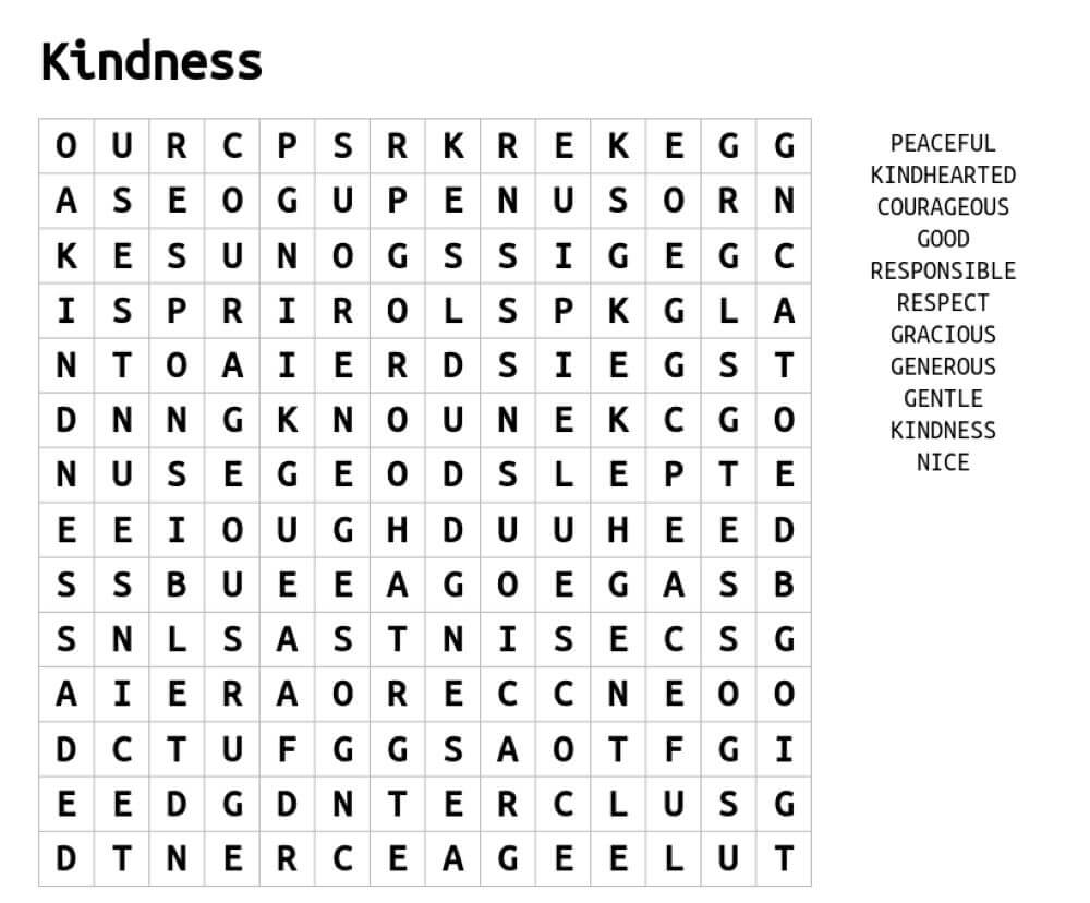 Printable Kindness Word Search - Worksheet 11