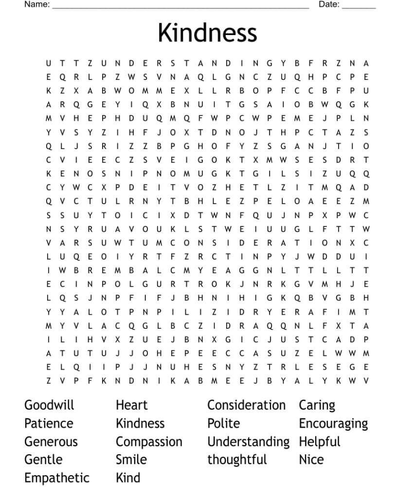 Printable Kindness Word Search – Worksheet 5