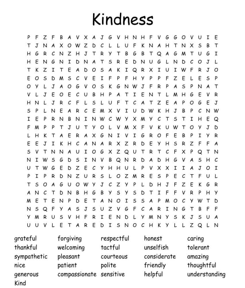 Printable Kindness Word Search - Worksheet 7