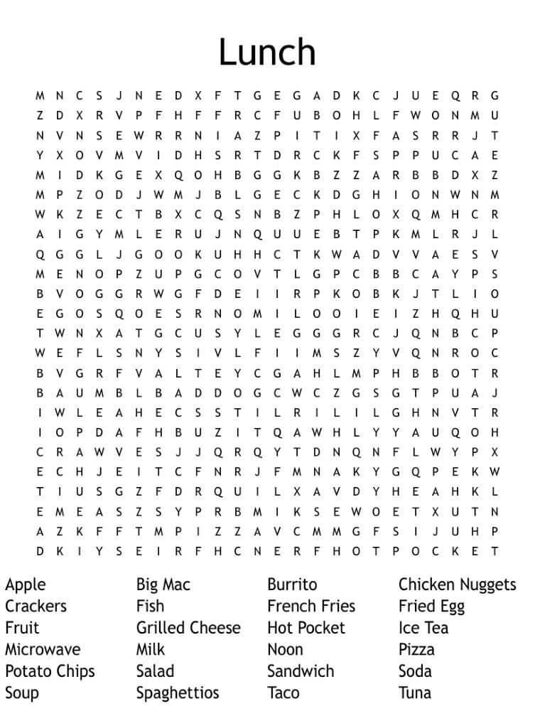 Printable Lunch Word Search - Sheet 1