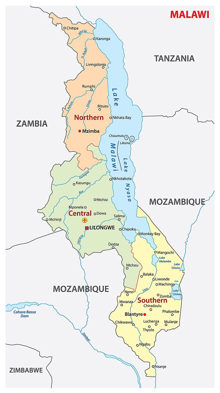 Printable Malawi Regions Map