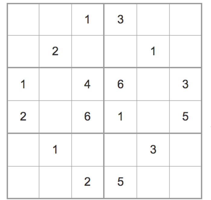 Printable Medium Sudoku 6×6 – Sheet 2