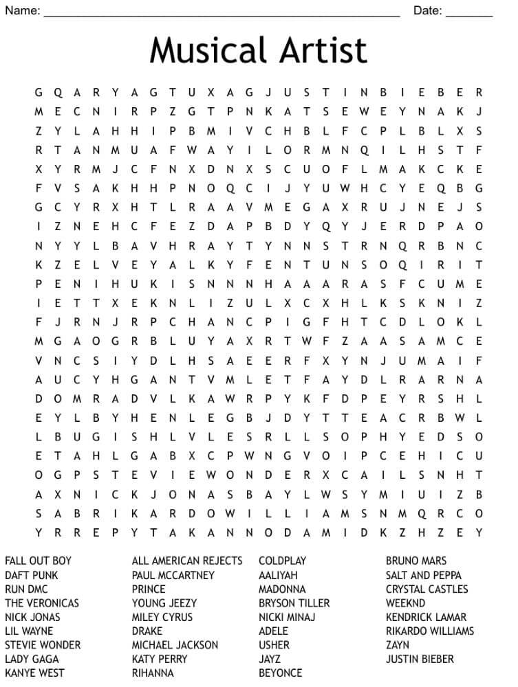 Printable Musical Artists Word Search – Sheet 1